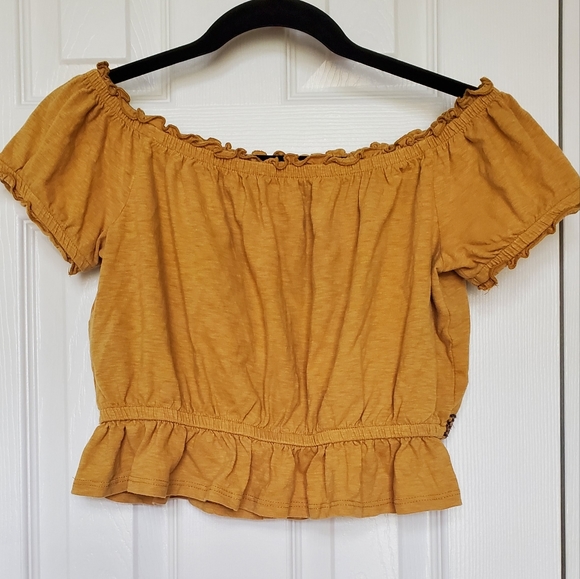 American Eagle Boho Floral Embroidery Mustard Crop Top Blouse - Picture 2 of 5